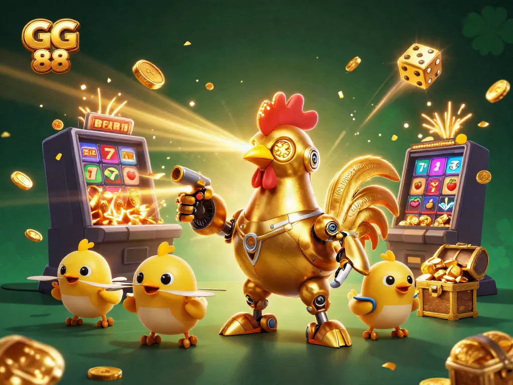 Action-packed scene showcasing GG 88's golden rooster robot in a lively casino environment filled with jackpots and colorful gaming elements.