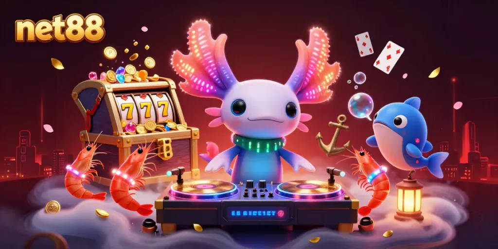 Experience net88's vibrant casino atmosphere featuring a neon axolotl DJ and exciting gaming elements.