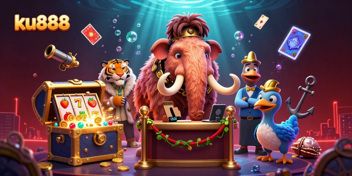 ku888 showcases a luxurious casino scene with a bouncer, VIP guest, and doorman amidst vibrant gaming elements.