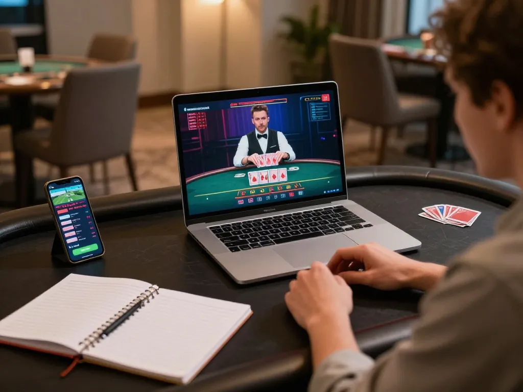 79king player engaging in live dealer blackjack on a laptop, with strategic notes visible