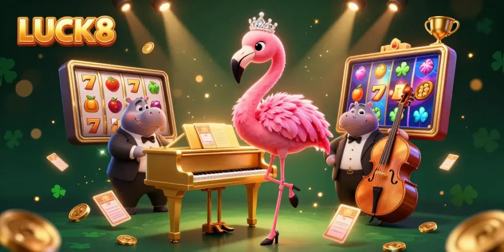 LUCK8 themed slots game illustration featuring vibrant characters, jackpot reels, and energetic ambiance.