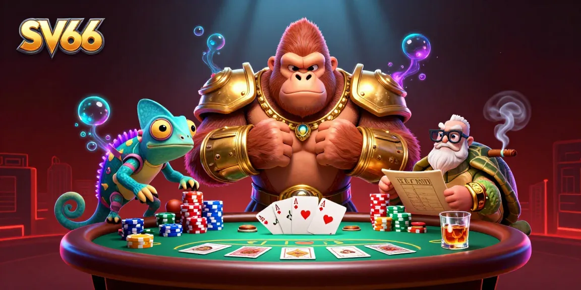 SV66 showcases a powerful gorilla in golden armor with a chameleon companion at a vibrant poker table.