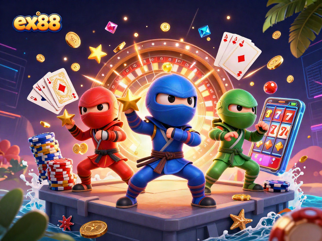 Join the ex88 chameleon team as they celebrate with winning spins, vibrant coins, and thrilling casino action.