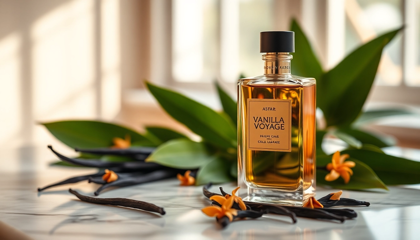 Discover the elegance of Vanilla Voyage by Maison Asrar in a luxurious setting with fresh vanilla and green leaves.