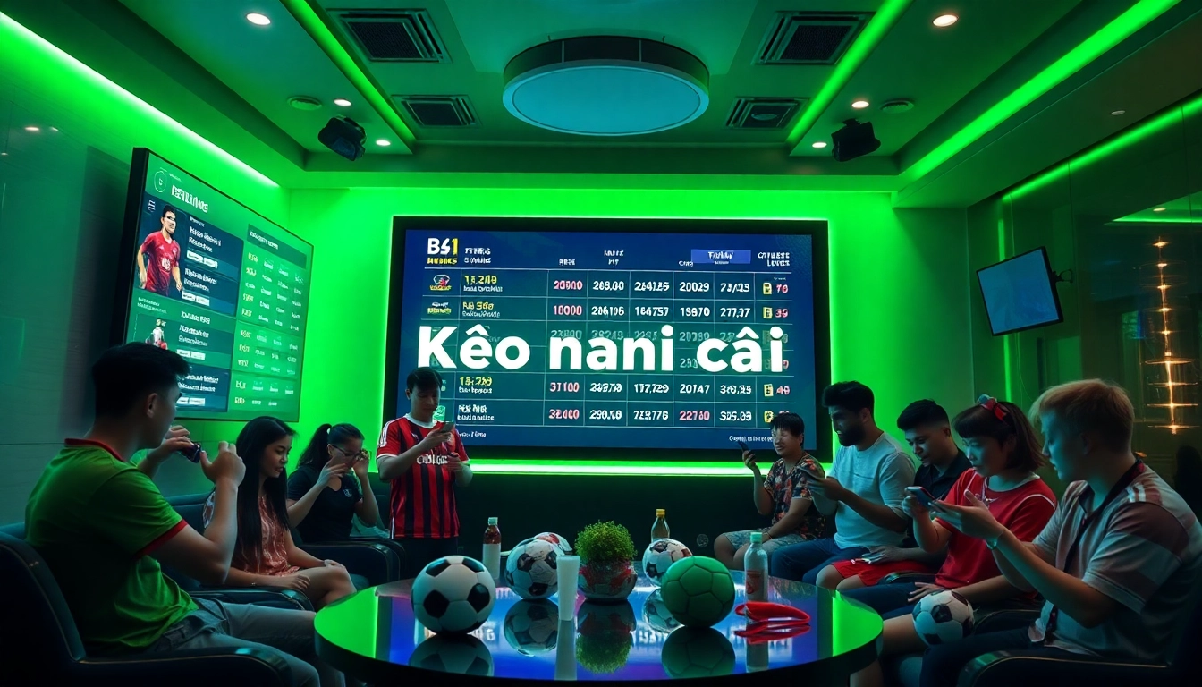 Dynamic kèo nhà cái display in a modern sports lounge with enthusiastic fans.