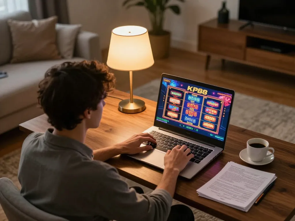 KP88 player engaged in online gaming at home, laptop showcasing vibrant slots interface