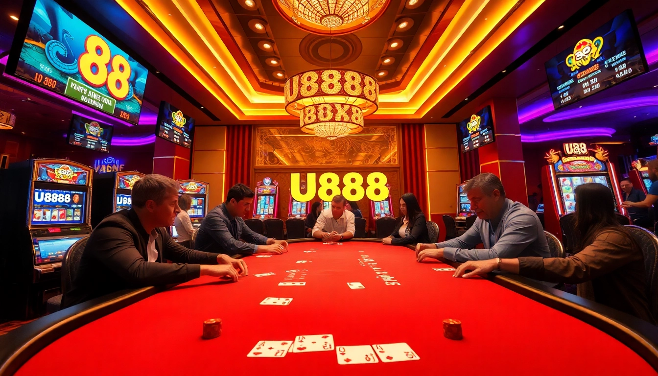 Players enjoying card games at a vibrant U888 casino table, showcasing excitement and quality gaming.