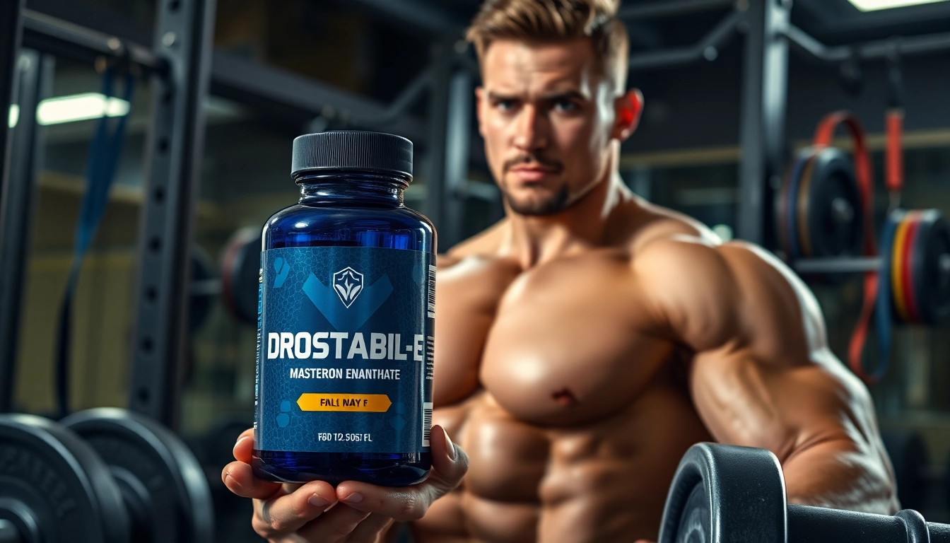 Drostabal-E Masteron Enanthate product displayed prominently in a gym environment with details.