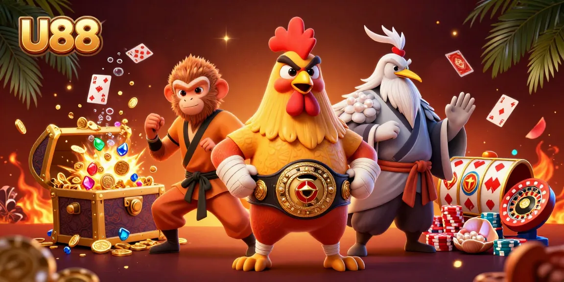 Engage with U88's dynamic casino scene featuring a fierce Muay Thai rooster and a Shaolin monkey amidst golden game treasures.