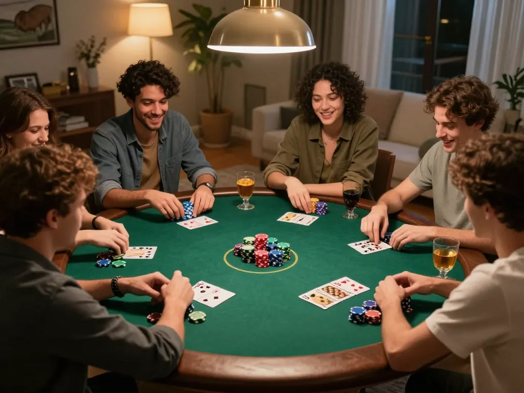 Experience friendly competition with friends in a cozy poker night scene on trang chủ LLwin, highlighting strategic gameplay and laughter.