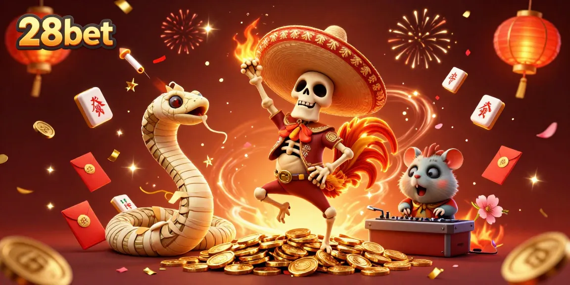 Experience exciting wins with 28bet in this vibrant 3D casino illustration featuring lively characters.