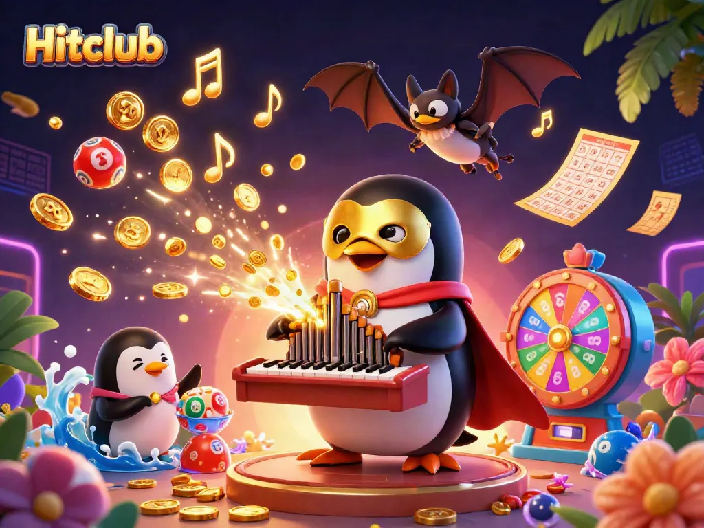 Hitclub penguin playing a pipe organ shooting coins, surrounded by gaming elements and golden notes.