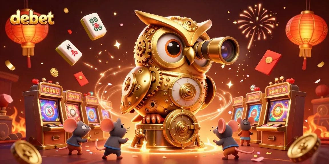 Experience debet's dynamic casino atmosphere with a clockwork owl and mouse patrons among vibrant elements.