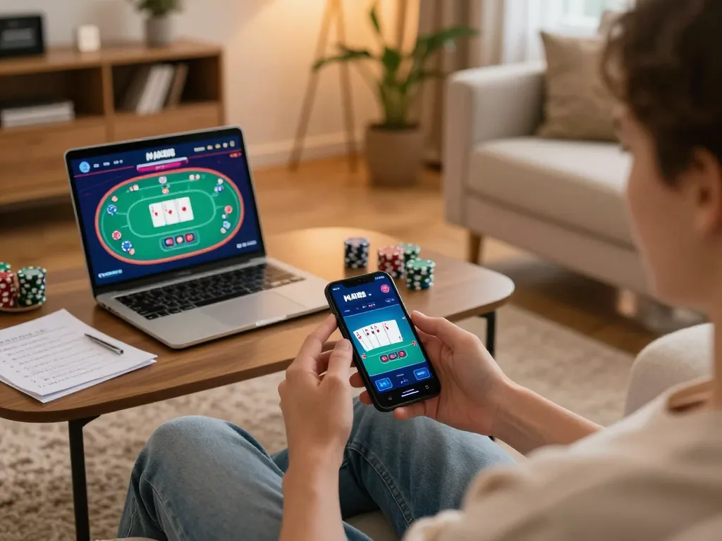 Enjoying mobile gaming on MAX88 COM with a vibrant poker interface in a cozy home setting