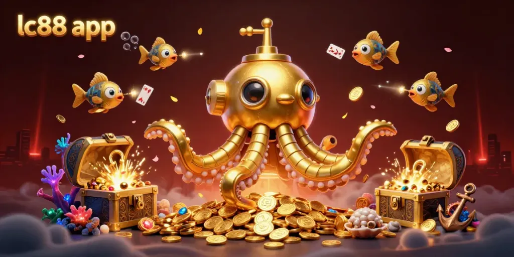 Engage with the LC88 app through a rich scene of gaming excitement, featuring a golden kraken and treasure.