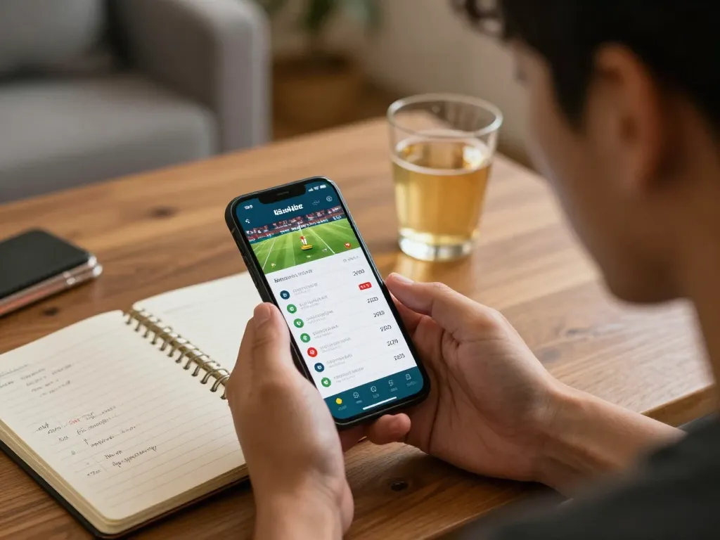 Engaging with kèo nhà cái betting app on smartphone for football odds in cozy home setting.