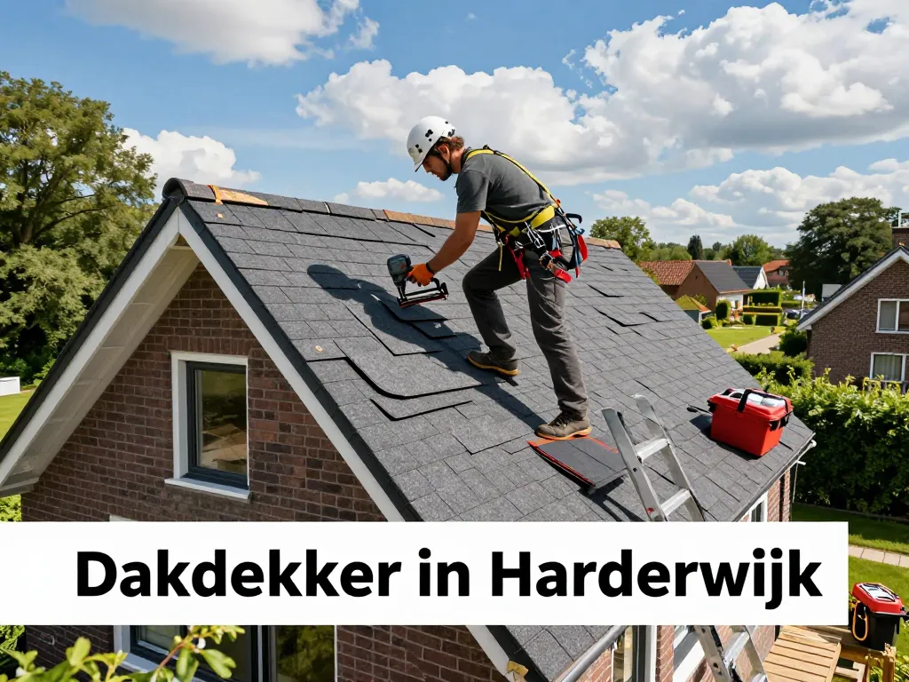 Professionele dakdekker in Harderwijk installeert shingles op een residentieel dak.