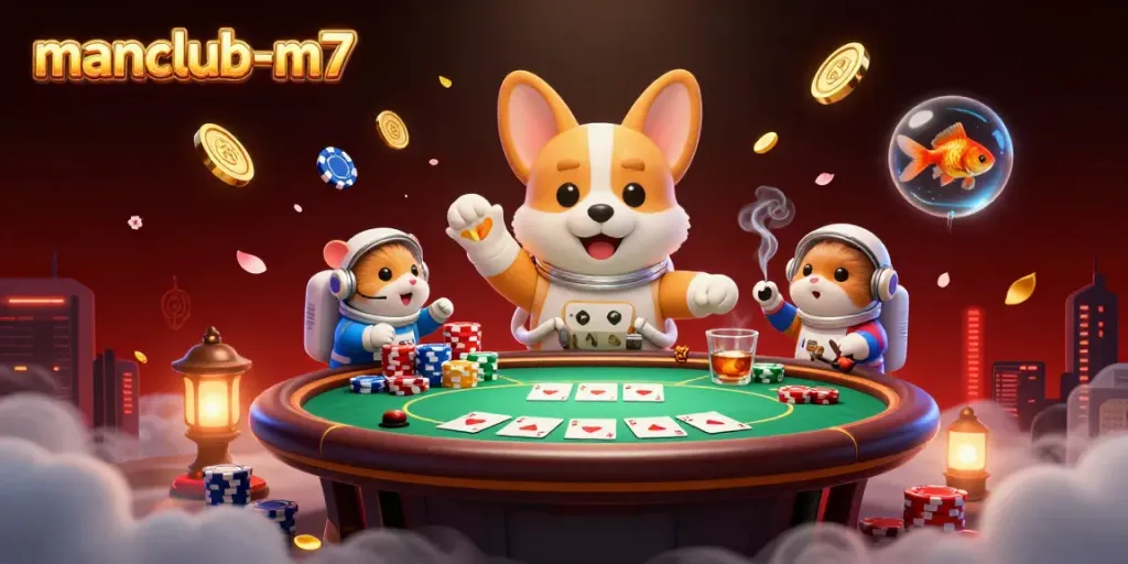 Engage in thrilling casino adventures with manclub-m7, featuring an astronaut corgi and game elements.