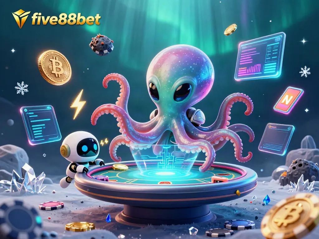 five88bet showcases a cosmic alien octopus gaming at a holographic poker table with glowing cryptocurrency elements.