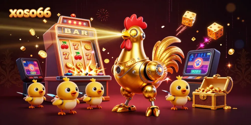 Experience exciting gameplay with xoso66's futuristic casino atmosphere featuring a golden rooster robot.
