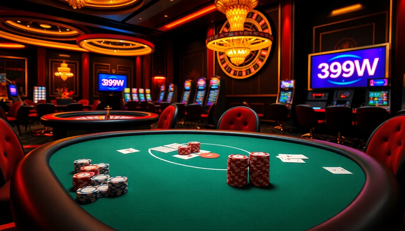 Experience the thrill of 399W at a luxurious poker table filled with vibrant chips and cards.