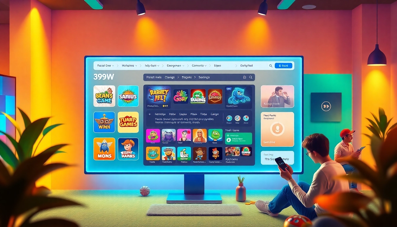 Interactive digital gaming interface of 399W showcasing colorful games and playlists.