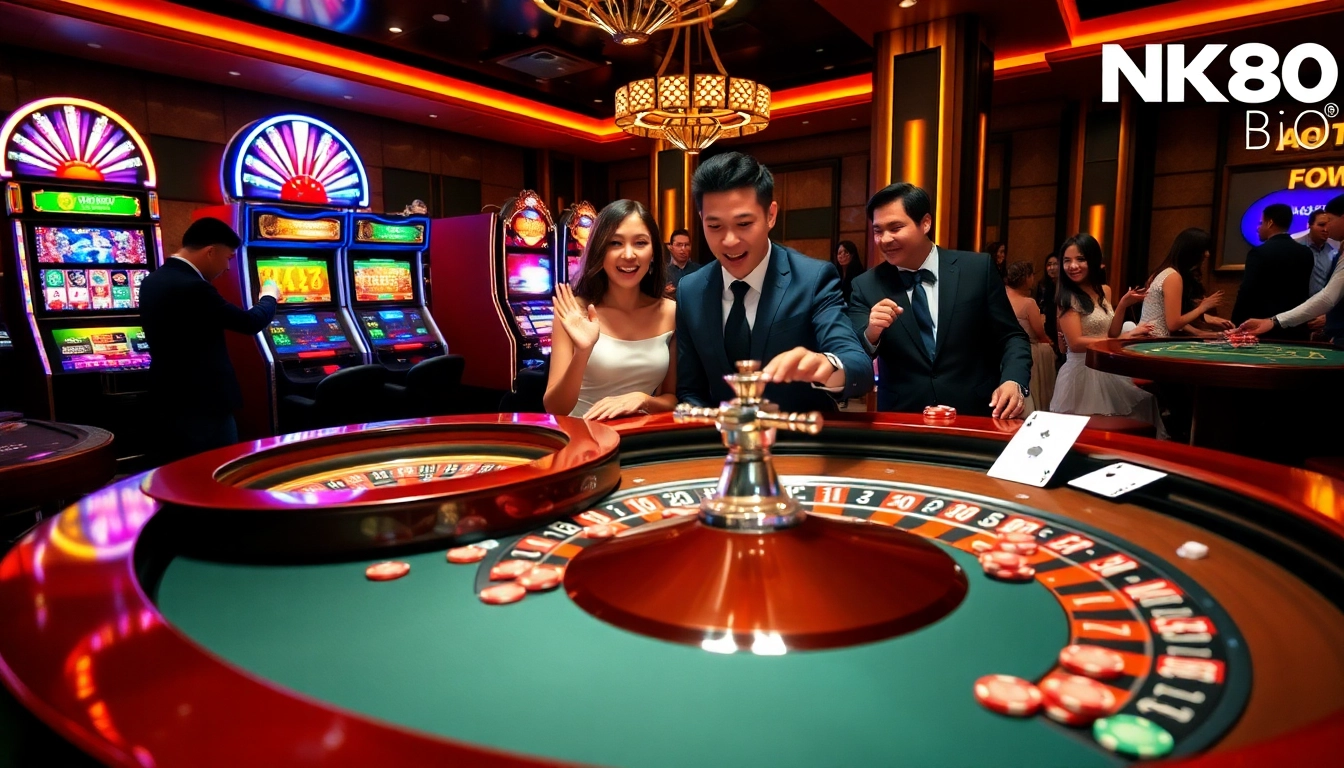 Experience the excitement of online gambling at NK88 Bio, highlighted by roulette, poker cards, and vibrant slot machines.