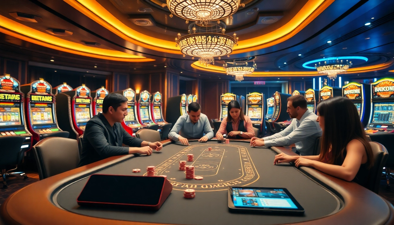 Experience an exciting poker game at 399W with vibrant slot machines and professional table setup.
