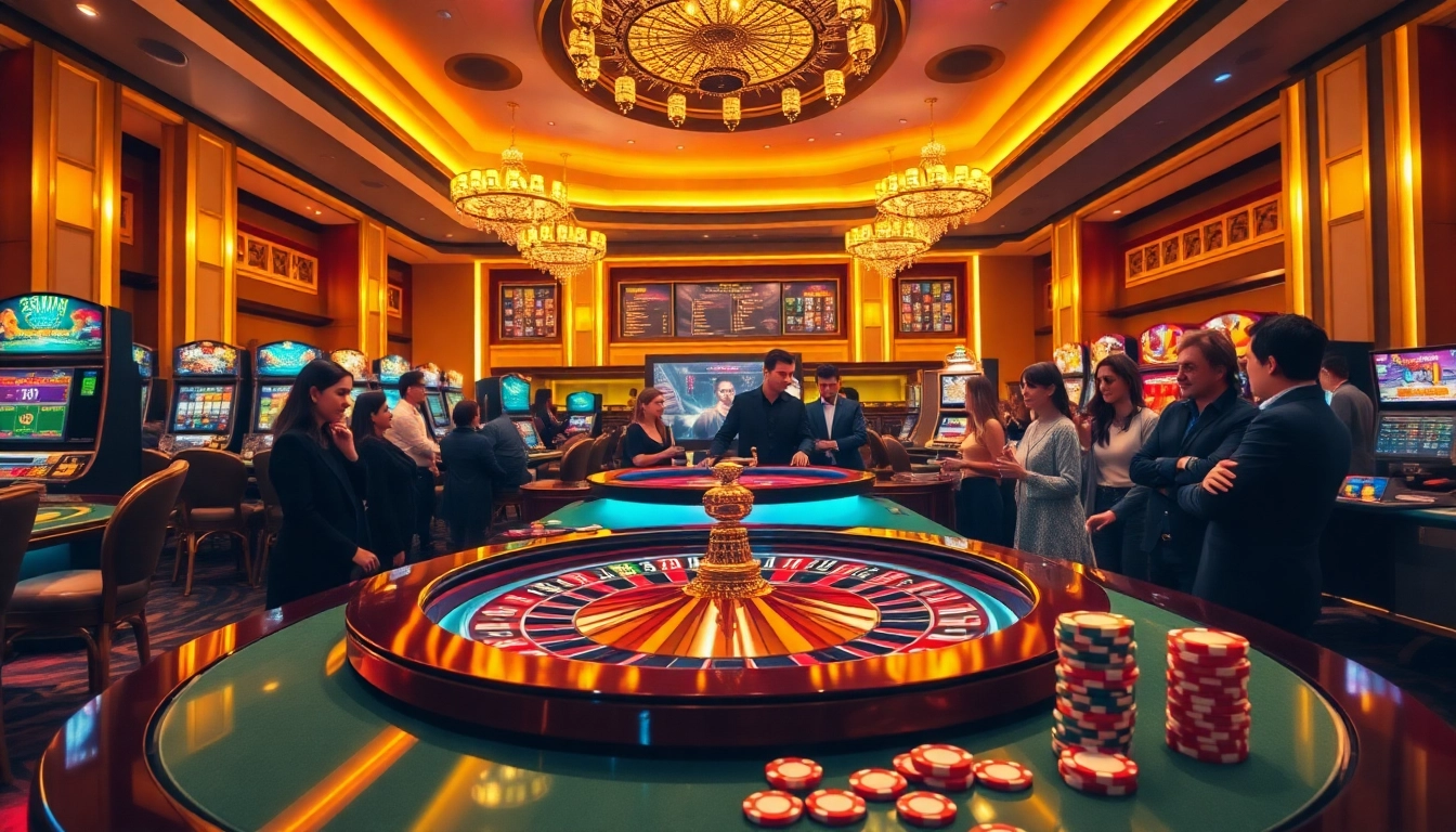 Winning at 23win in a luxurious casino setting with vibrant roulette tables and slot machines.