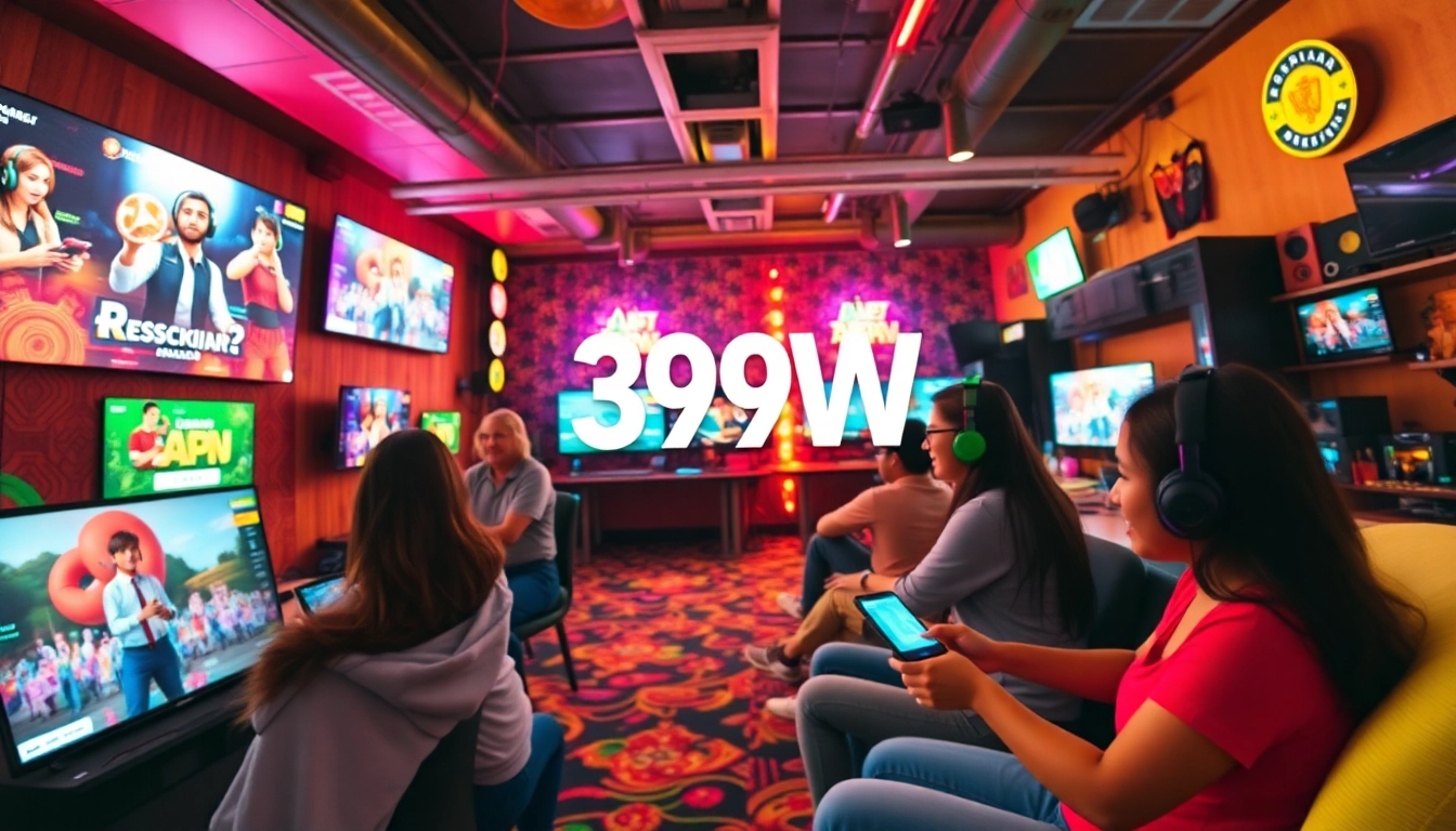 Engaged users enjoying the vibrant 399W online gaming platform in a colorful Brazilian setting.