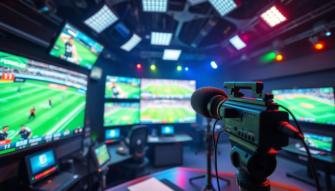 Engaging setup for sports broadcasting showcasing vibrant screens and a dynamic studio.