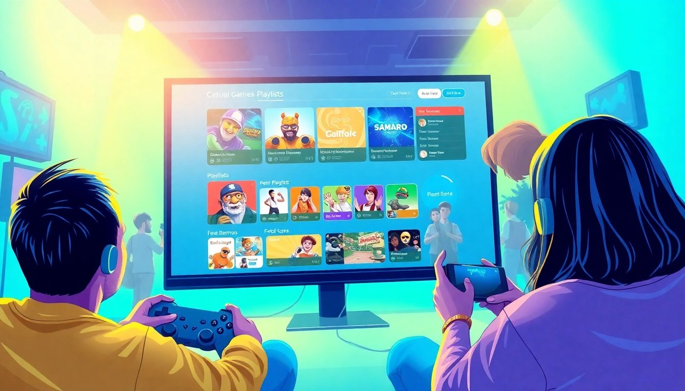 Interactive gaming platform 399W showcasing casual games and collaborative playlists