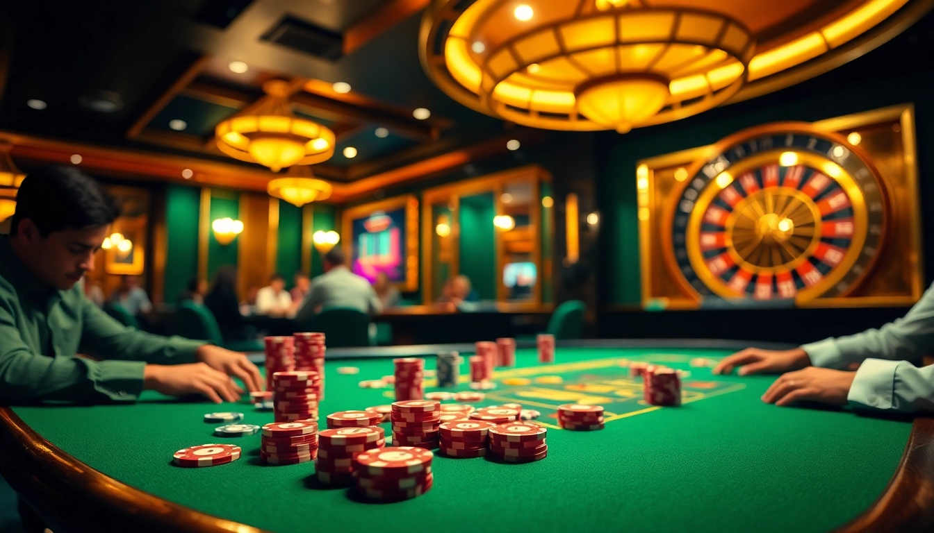 Engaged gamblers enjoying a lively poker game at 399W casino platform, surrounded by colorful chips.