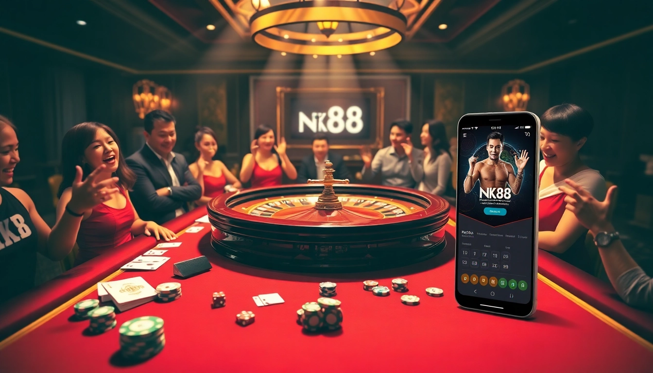 Players enjoying a thrilling game at NK88 casino with roulette and poker chips highlighted.