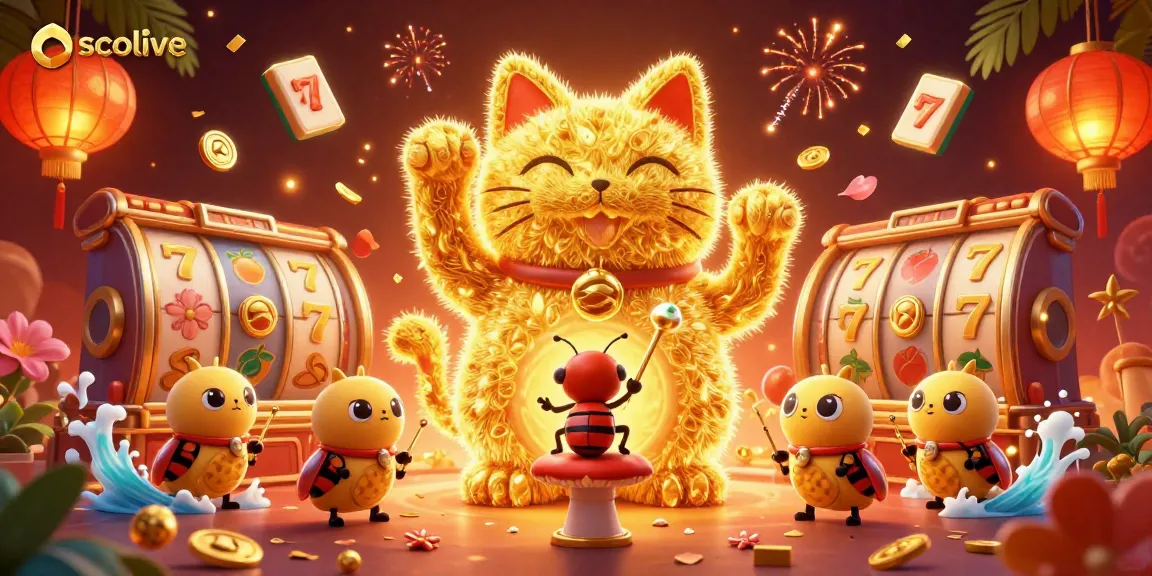 Experience the vibrant world of socolive with a lucky cat and dynamic casino symbols.