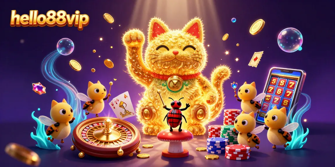 Experience the thrill of hello88vip with a lucky cat and vibrant casino symbols in a dynamic scene.