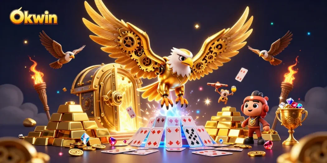 Okwin features a cybernetic golden eagle amidst a dynamic casino scene filled with treasures.