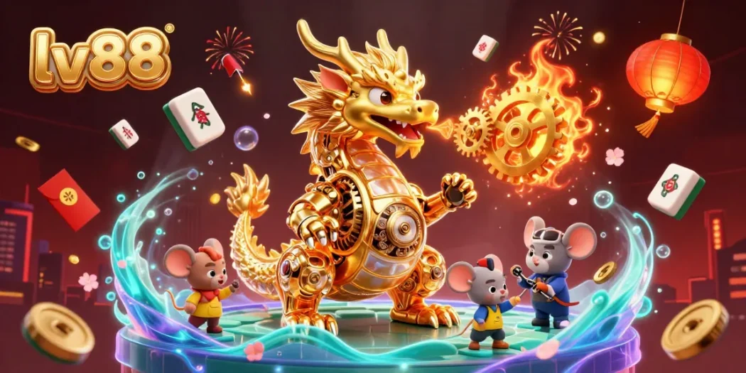 Play thrilling games at lv88, featuring a stunning golden dragon illustration breathing gears in a vibrant casino scene.