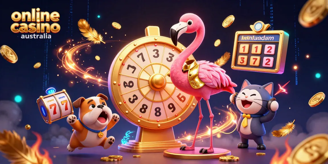 Spin and win with the exciting scene of an online casino australia featuring a flamingo game show host.