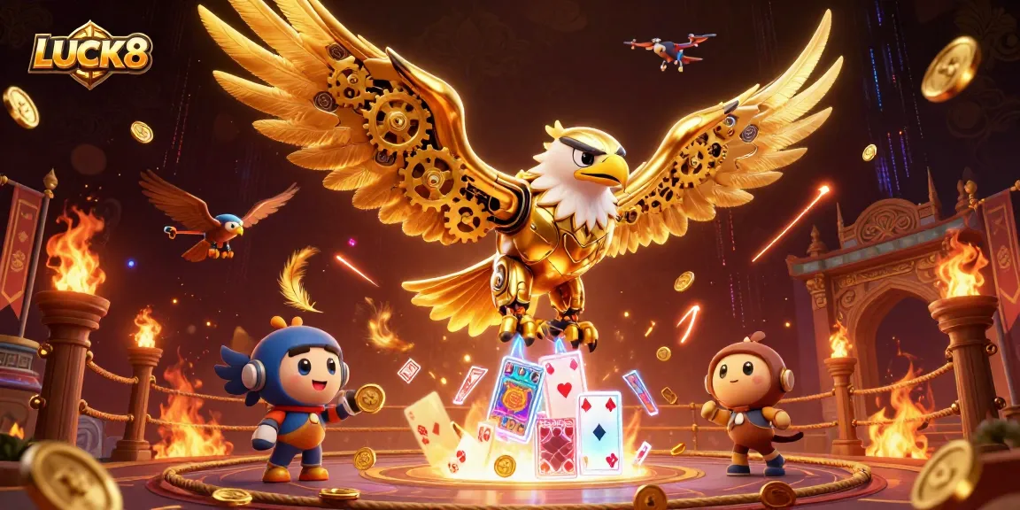 LUCK8 dives into action with a cybernetic eagle amidst holographic cards in this vibrant casino scene.