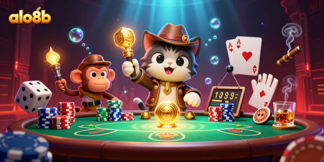 Bet on thrilling adventures with alo8b as a cartoon cat and monkey discover casino treasures.