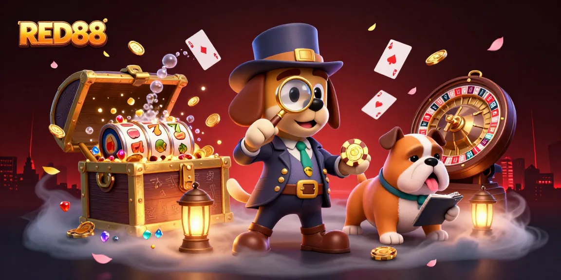 Experience RED88's thrill as a detective explores poker clues amidst vibrant gaming elements.