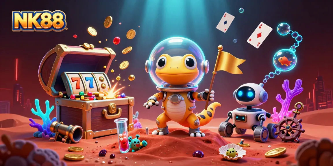 NK88 showcases a Martian gecko in a casino scene featuring slot reels and lucky 7s, celebrating luck!