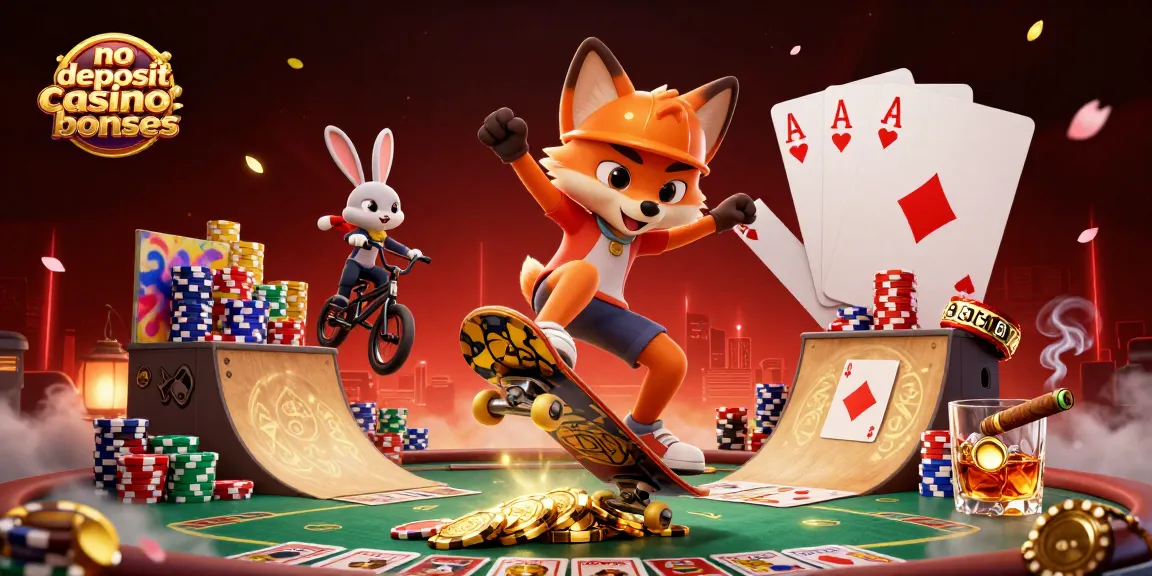 No deposit casino bonuses illustrated with a skateboarder fox and BMX rabbit in a vibrant casino atmosphere.