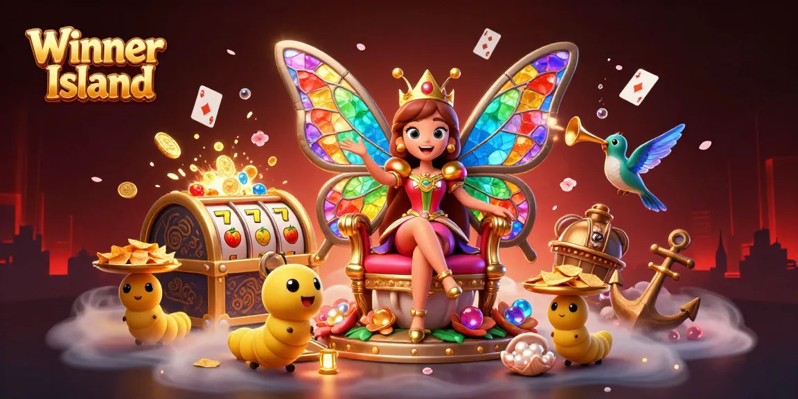 Experience the vibrant Winner Island with a butterfly queen surrounded by casino treasures.
