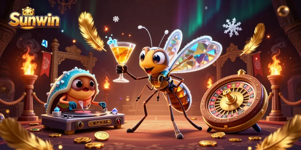 Sunwin players engage in vibrant casino games with an animated mosquito mascot cocktail and trilobite DJ