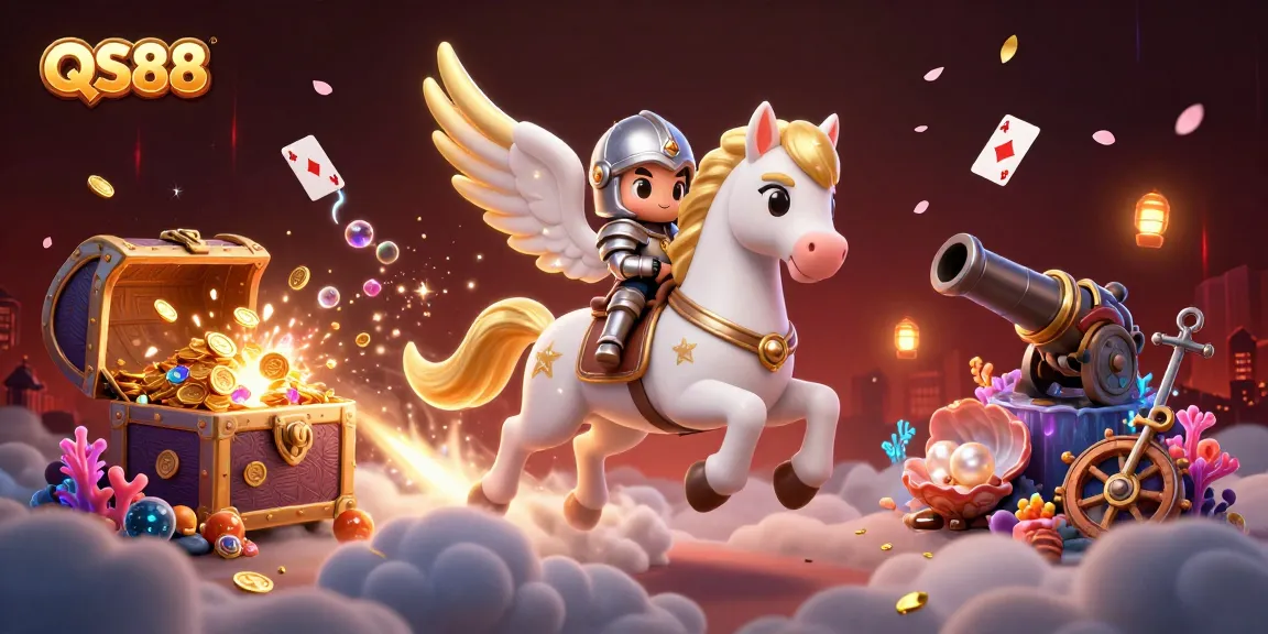 Unleash your winning streak with QS88 in this vibrant casino-themed illustration featuring epic characters.