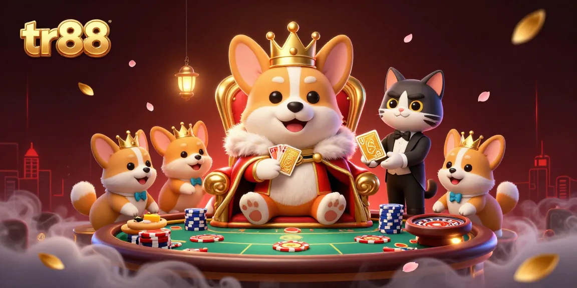 Experience the excitement of tr88 with a royal corgi on a throne of poker chips surrounded by gambling elements.