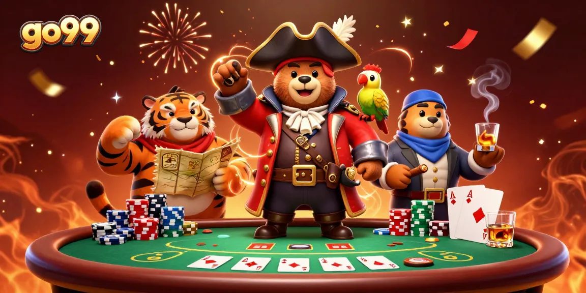 Experience the thrill of go99 with an engaging illustration showcasing a pirate bear and tiger at a poker table.