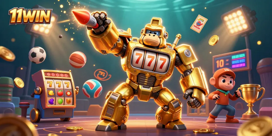 Engage in thrilling slot action with 11WIN featuring a golden gorilla mech bursting with coins.
